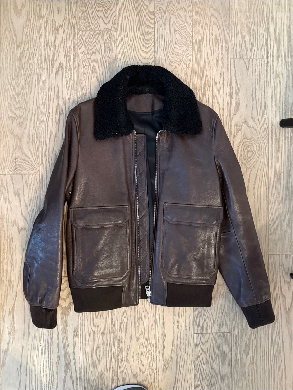 Acne Brown Leather Bomber Jacket with Black Shearling Collar